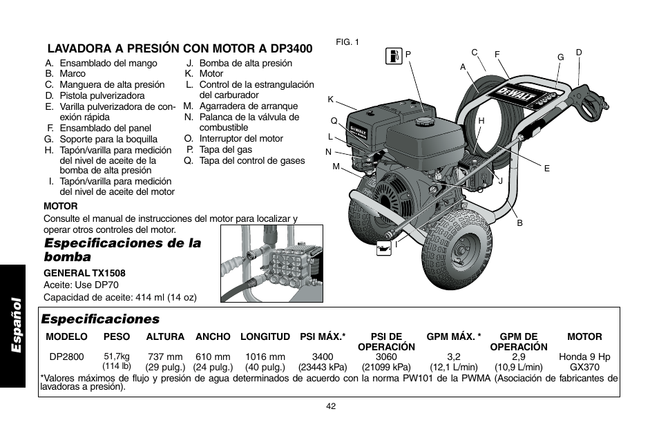 Especificaciones de la bomba, Especificaciones | DeWalt DP3400 User Manual | Page 42 / 64