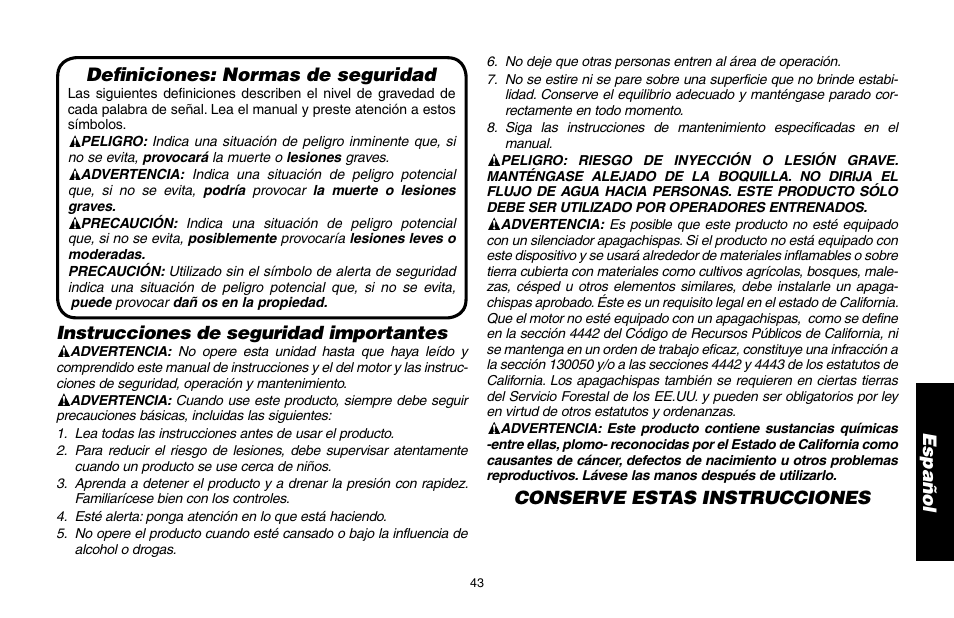Definiciones: normas de seguridad, Instrucciones de seguridad importantes, Conserve estas instrucciones | DeWalt DP3400 User Manual | Page 43 / 64
