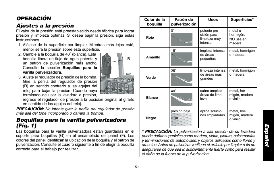 Ajustes a la presión, Boquillas para la varilla pulverizadora (fig. 1), Operación | DeWalt DP3400 User Manual | Page 51 / 64