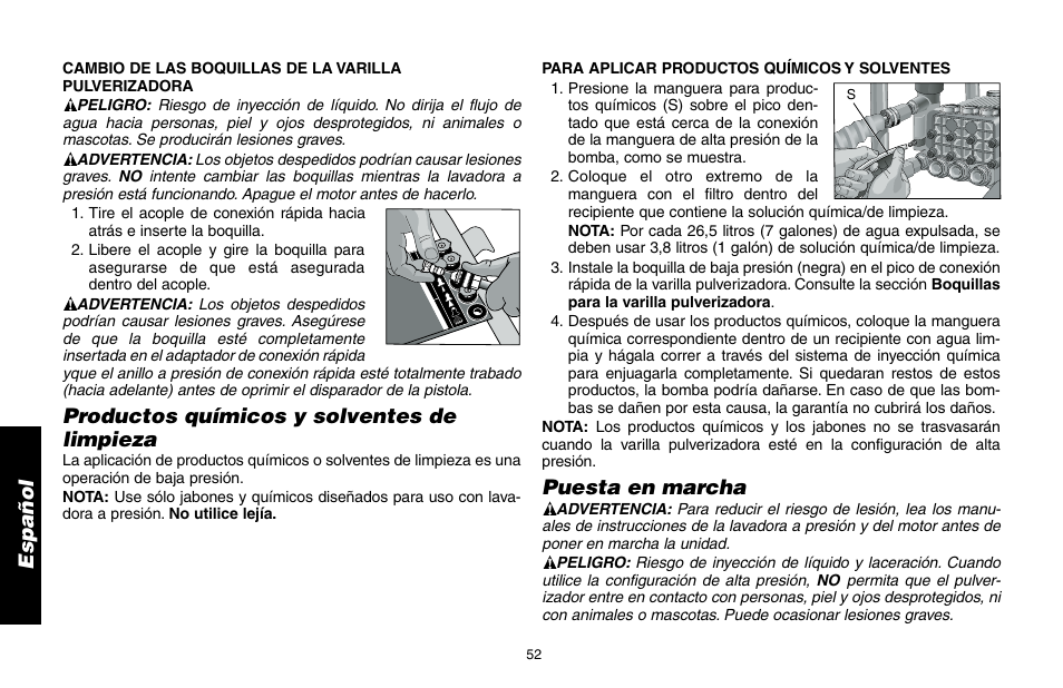 Productos químicos y solventes de limpieza, Puesta en marcha | DeWalt DP3400 User Manual | Page 52 / 64