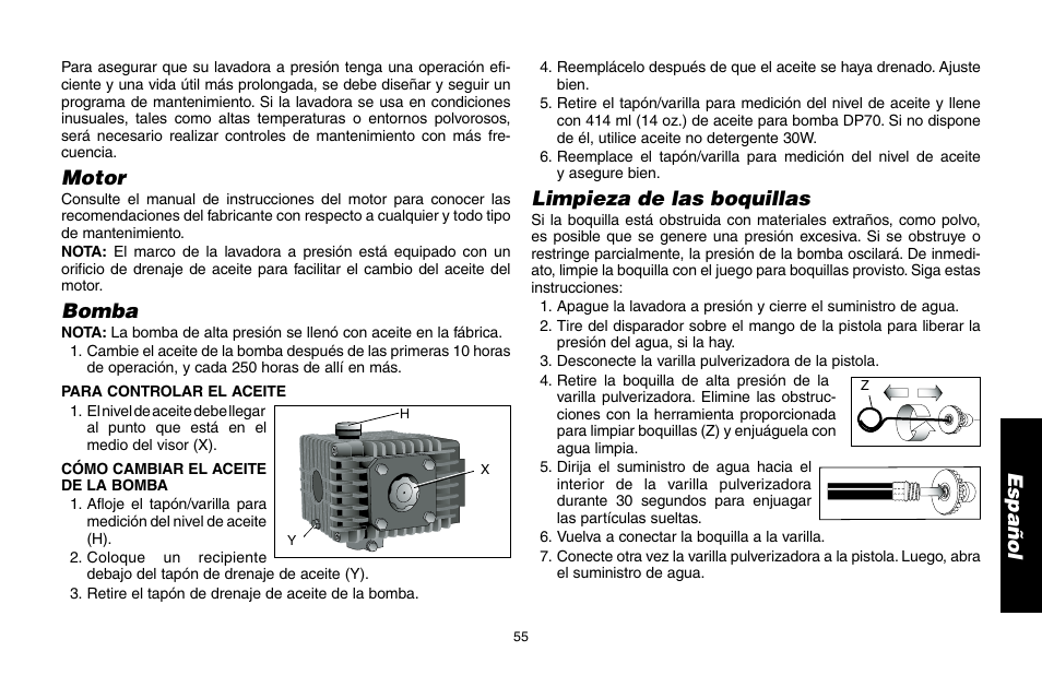 Motor, Bomba, Limpieza de las boquillas | DeWalt DP3400 User Manual | Page 55 / 64