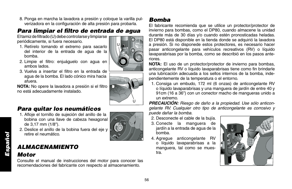 Para limpiar el filtro de entrada de agua, Para quitar los neumáticos, Almacenamiento motor | Bomba | DeWalt DP3400 User Manual | Page 56 / 64