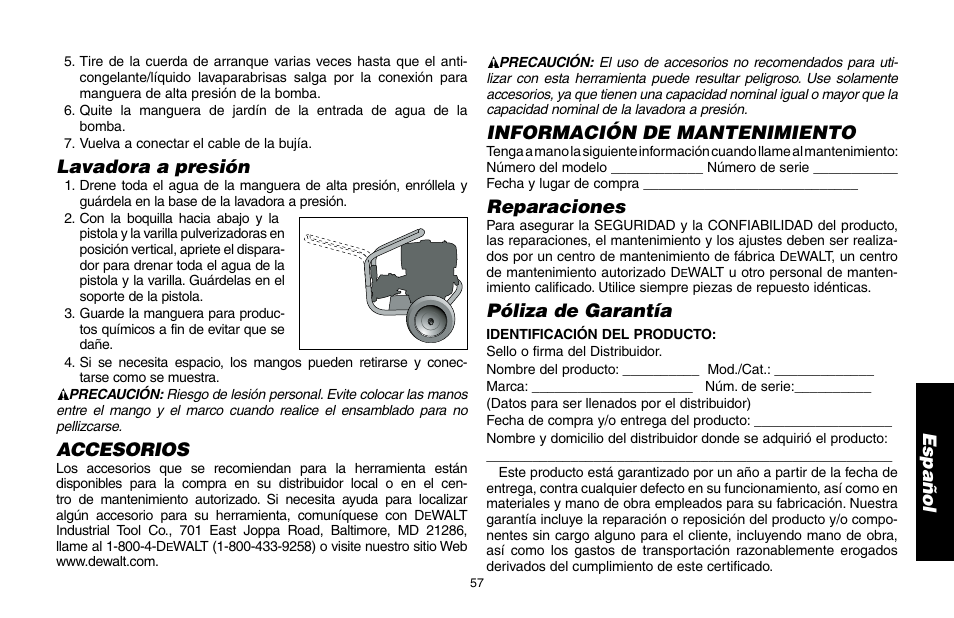 Lavadora a presión, Accesorios, Información de mantenimiento | Reparaciones, Póliza de garantía | DeWalt DP3400 User Manual | Page 57 / 64