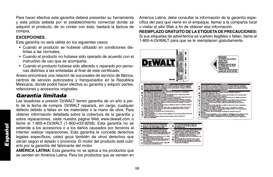 Garantía limitada | DeWalt DP3400 User Manual | Page 58 / 64