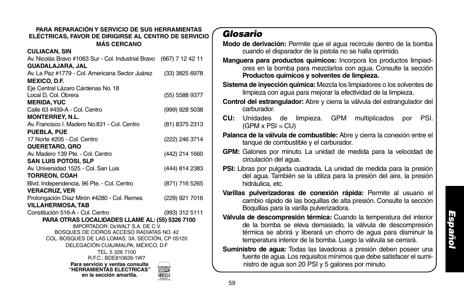 Glosario | DeWalt DP3400 User Manual | Page 59 / 64