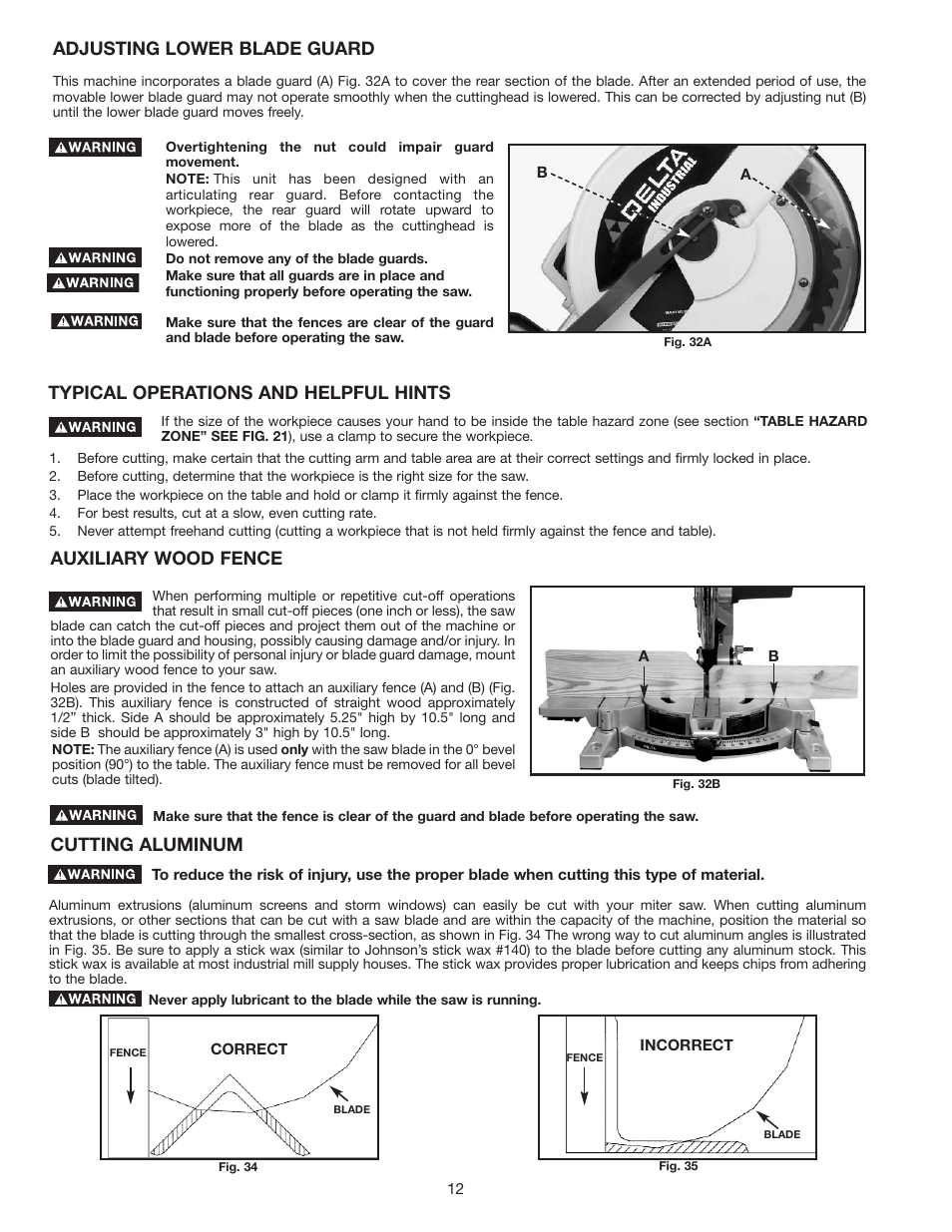 Auxiliary wood fence, Cutting aluminum, Typical operations and helpful hints | Adjusting lower blade guard | Delta 36-312 User Manual | Page 12 / 17