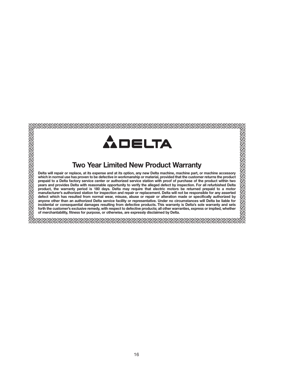 Two year limited new product warranty | Delta 36-312 User Manual | Page 16 / 17