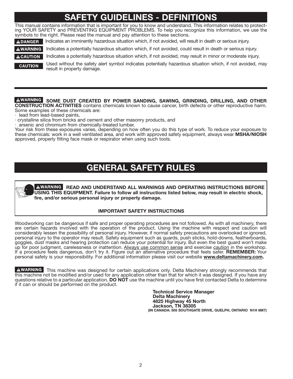 Safety guidelines - definitions, General safety rules | Delta 36-312 User Manual | Page 2 / 17