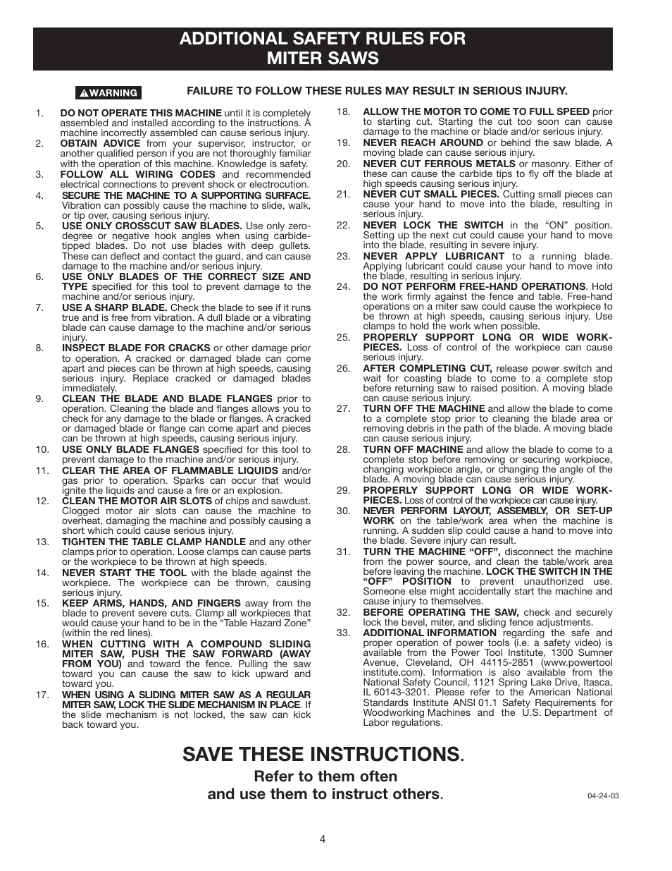 Save these instructions, Additional safety rules for miter saws | Delta 36-312 User Manual | Page 4 / 17