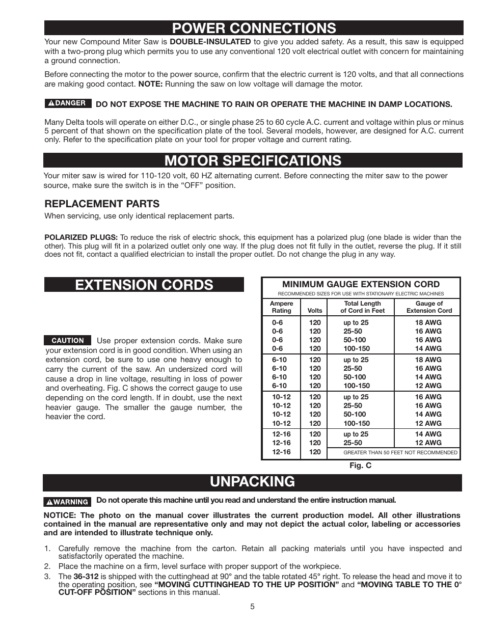 Power connections motor specifications, Unpacking, Extension cords | Replacement parts | Delta 36-312 User Manual | Page 5 / 17