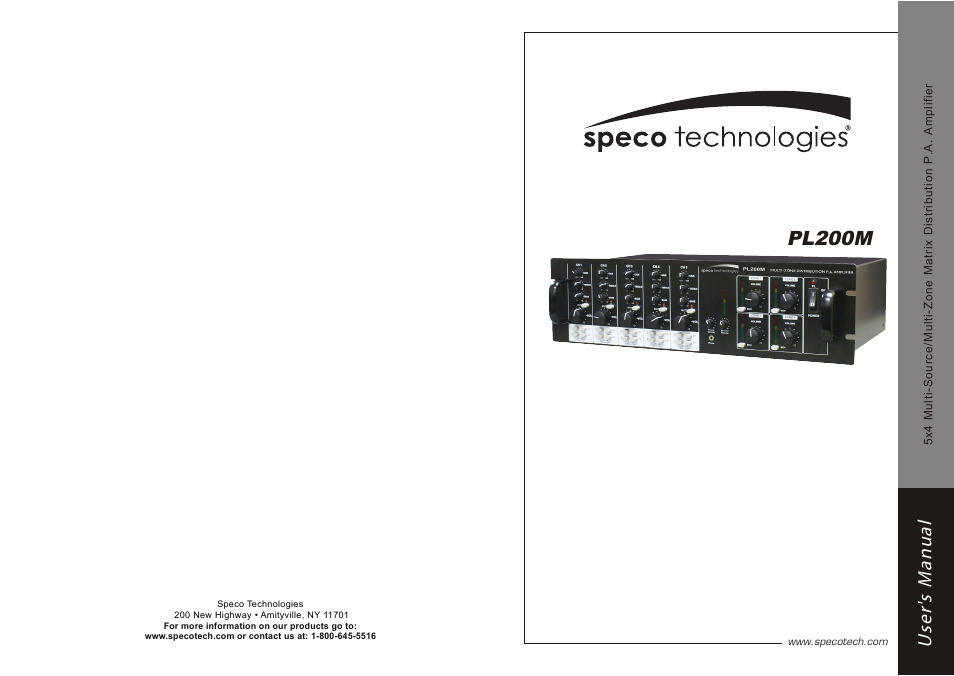 Speco Technologies PL200M Commercial Amplifier (160W) User Manual | 8 pages