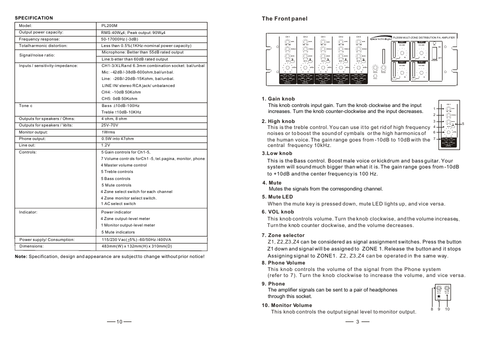 The front panel, Specification | Speco Technologies PL200M Commercial Amplifier (160W) User Manual | Page 6 / 8