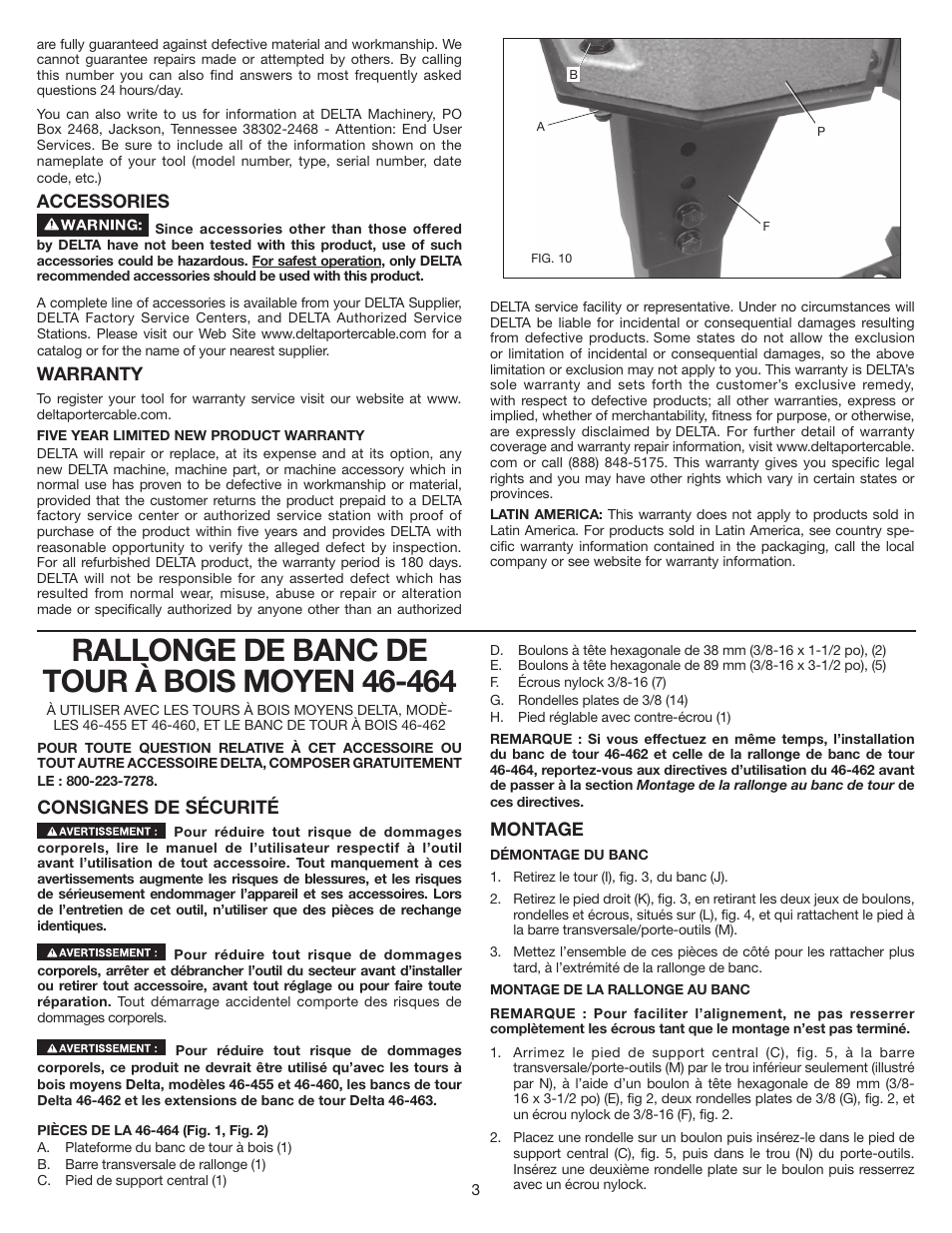 Accessories, Warranty, Consignes de sécurité | Montage | Delta 46-464 User Manual | Page 3 / 8