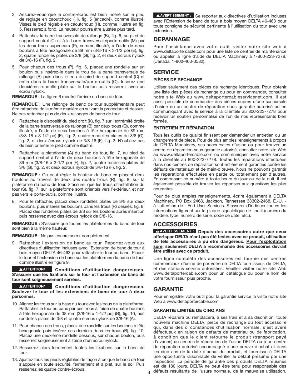 Depannage, Service, Accessoiries | Garantie | Delta 46-464 User Manual | Page 4 / 8