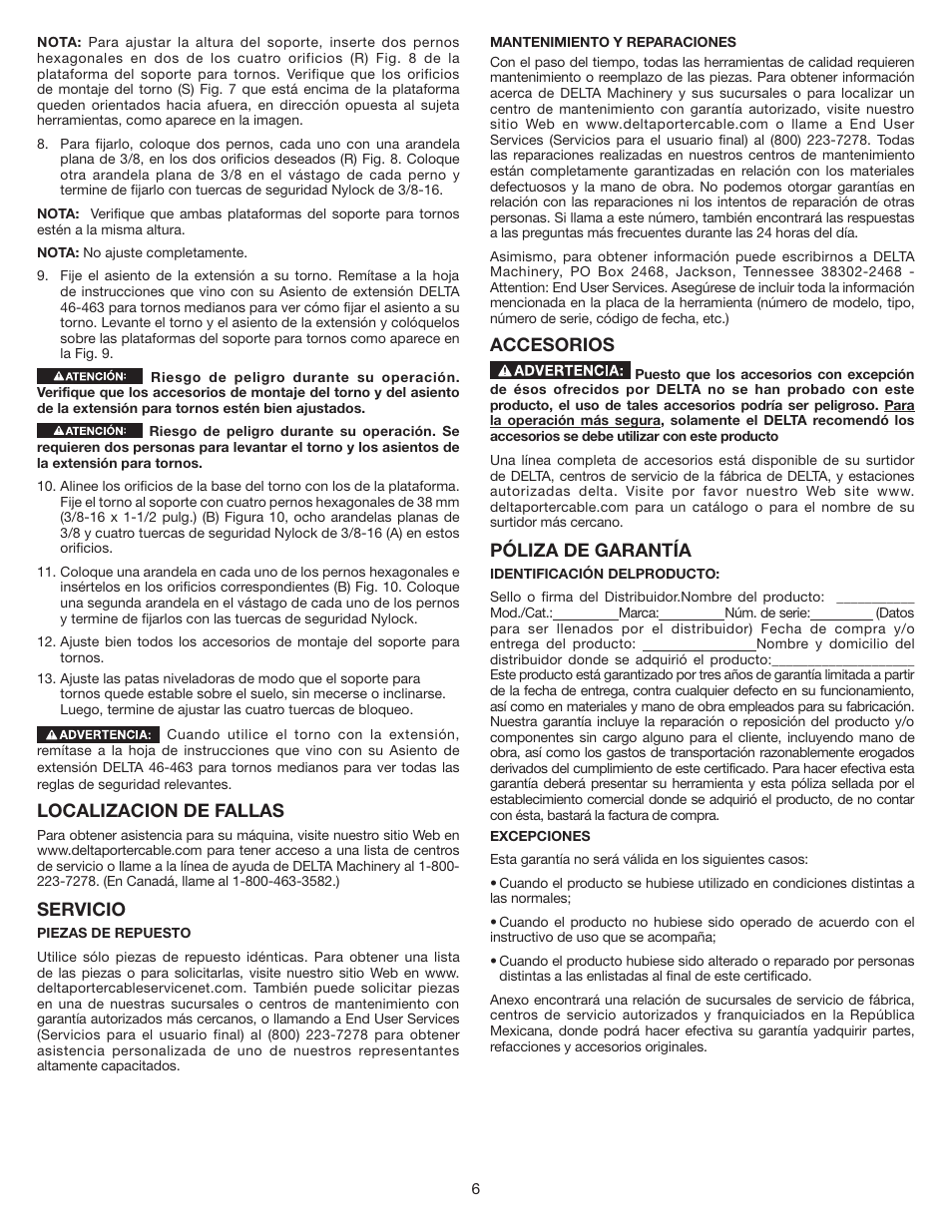 Localizacion de fallas, Servicio, Accesorios | Póliza de garantía | Delta 46-464 User Manual | Page 6 / 8