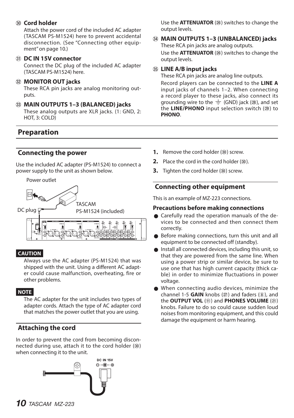 Preparation, Connecting the power, Attaching the cord | Connecting other equipment | Tascam MZ-223 - Industrial-Grade Zone Mixer User Manual | Page 10 / 92