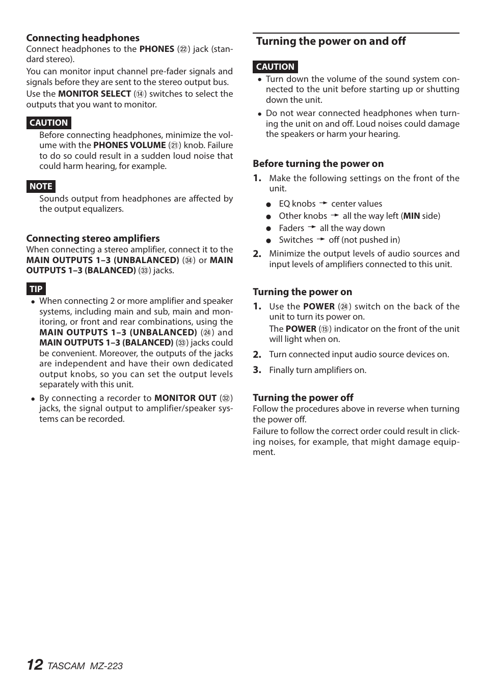 Turning the power on and off | Tascam MZ-223 - Industrial-Grade Zone Mixer User Manual | Page 12 / 92