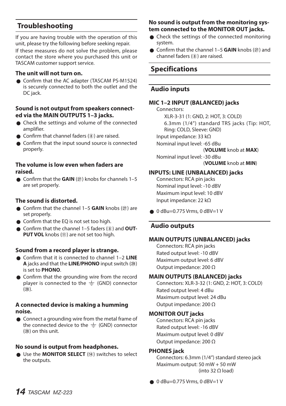 Troubleshooting, Specifications, Audio inputs | Audio outputs, Troubleshooting specifications, Audio inputs audio outputs | Tascam MZ-223 - Industrial-Grade Zone Mixer User Manual | Page 14 / 92