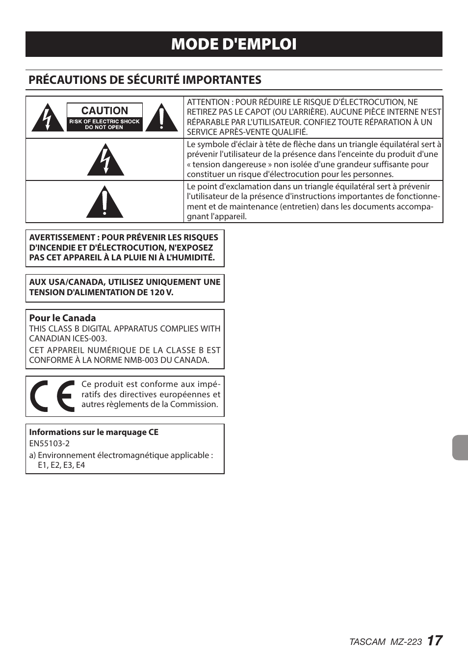 Français, Précautions de sécurité importantes, Mode d'emploi | Tascam MZ-223 - Industrial-Grade Zone Mixer User Manual | Page 17 / 92