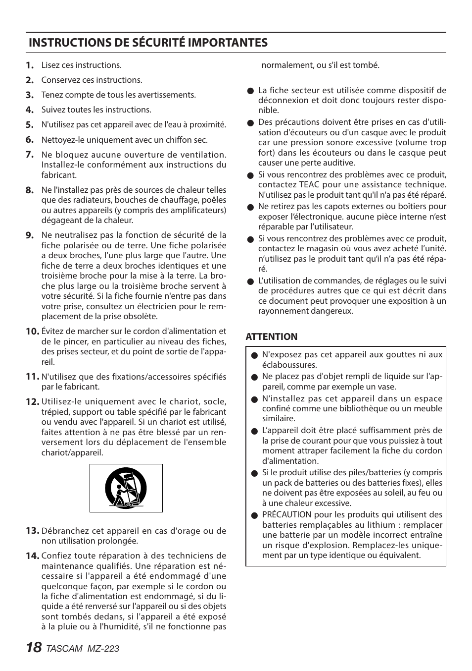 Instructions de sécurité importantes | Tascam MZ-223 - Industrial-Grade Zone Mixer User Manual | Page 18 / 92