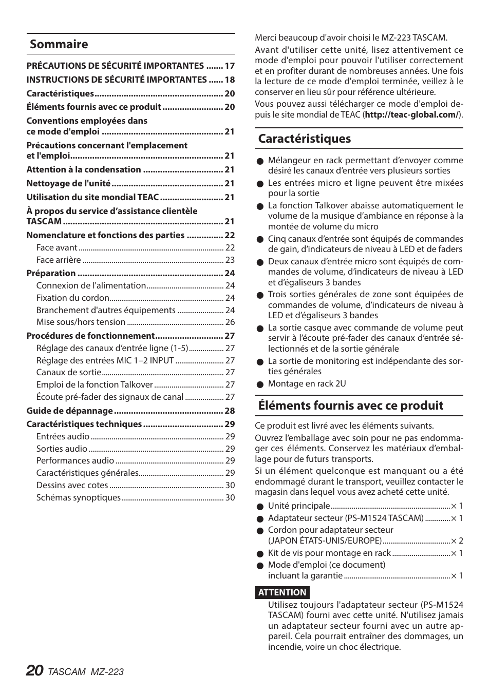 Caractéristiques, Éléments fournis avec ce produit, Sommaire | Tascam MZ-223 - Industrial-Grade Zone Mixer User Manual | Page 20 / 92