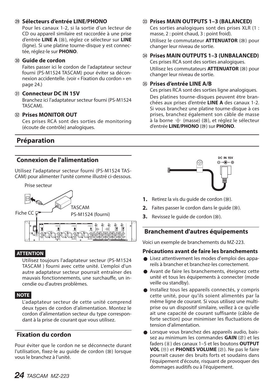 Préparation, Connexion de l'alimentation, Fixation du cordon | Branchement d'autres équipements | Tascam MZ-223 - Industrial-Grade Zone Mixer User Manual | Page 24 / 92