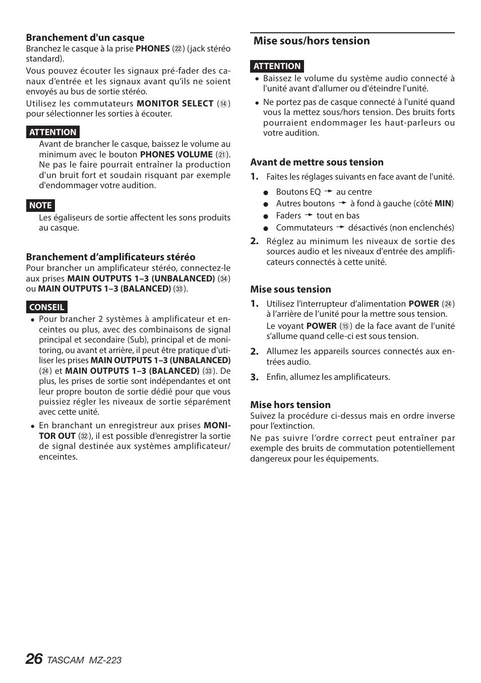 Mise sous/hors tension | Tascam MZ-223 - Industrial-Grade Zone Mixer User Manual | Page 26 / 92