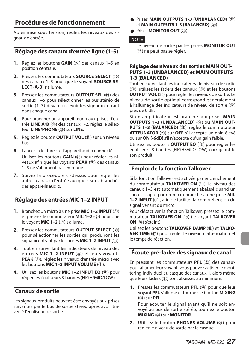 Procédures de fonctionnement, Réglage des canaux d’entrée ligne (1-5), Réglage des entrées mic 1–2 input | Canaux de sortie, Emploi de la fonction talkover, Écoute pré-fader des signaux de canal | Tascam MZ-223 - Industrial-Grade Zone Mixer User Manual | Page 27 / 92