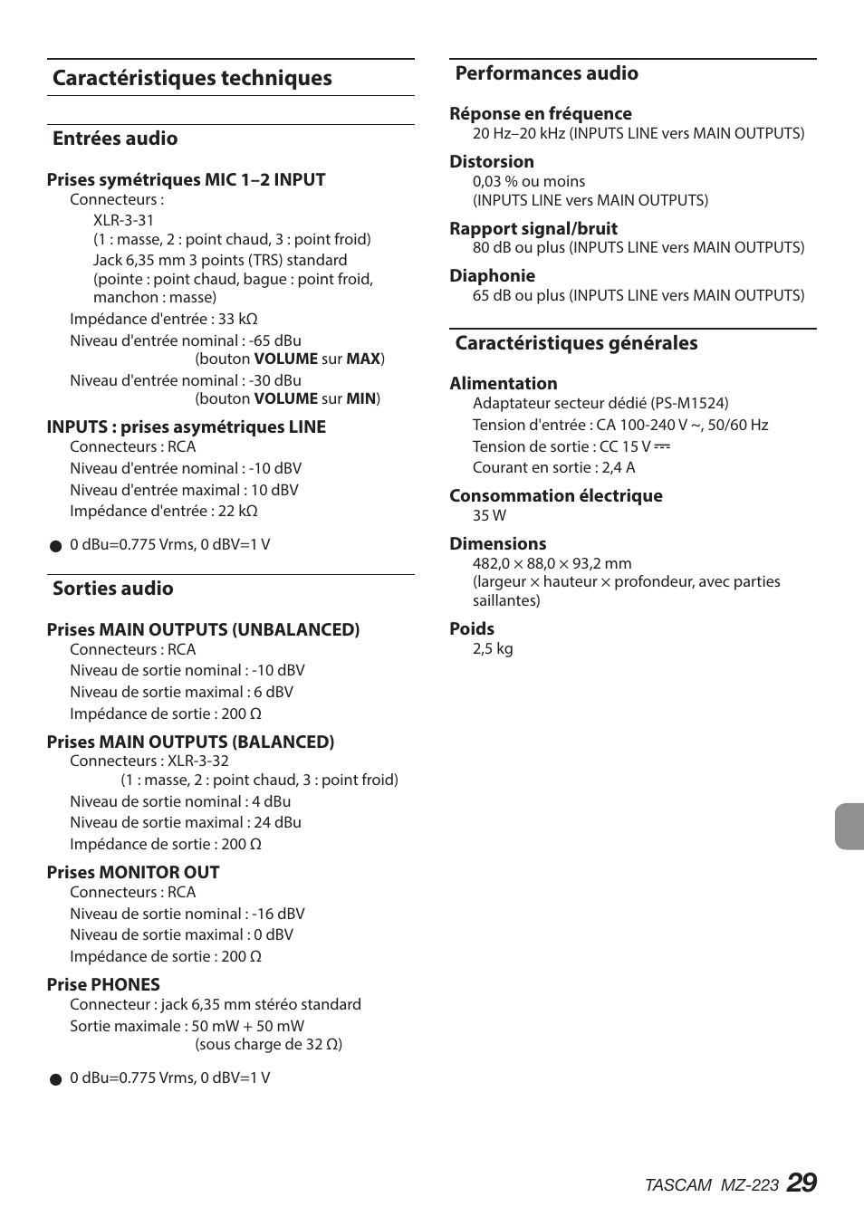 Caractéristiques techniques, Entrées audio, Sorties audio | Performances audio, Caractéristiques générales | Tascam MZ-223 - Industrial-Grade Zone Mixer User Manual | Page 29 / 92