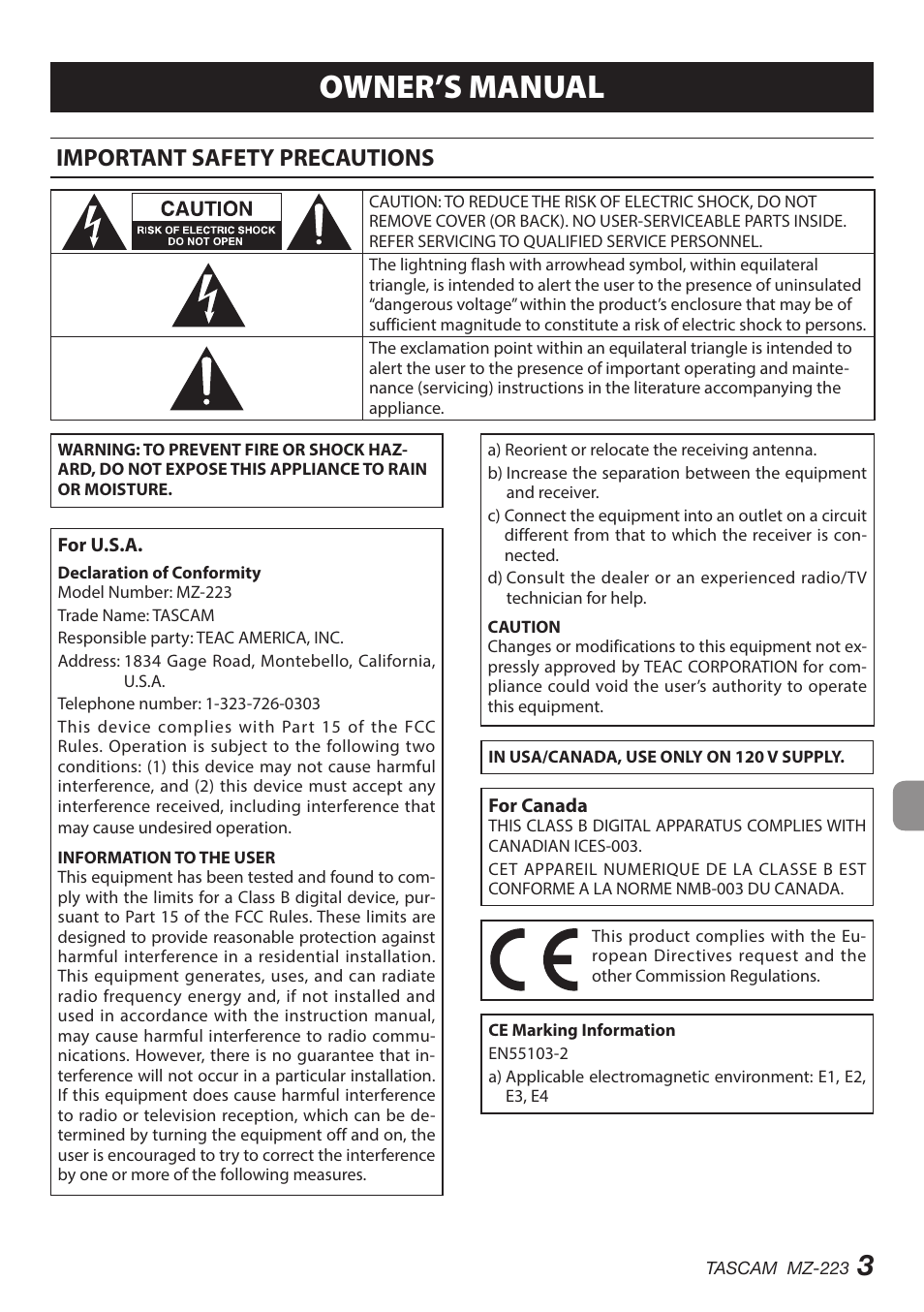 English, Important safety precautions, Owner’s manual | Tascam MZ-223 - Industrial-Grade Zone Mixer User Manual | Page 3 / 92