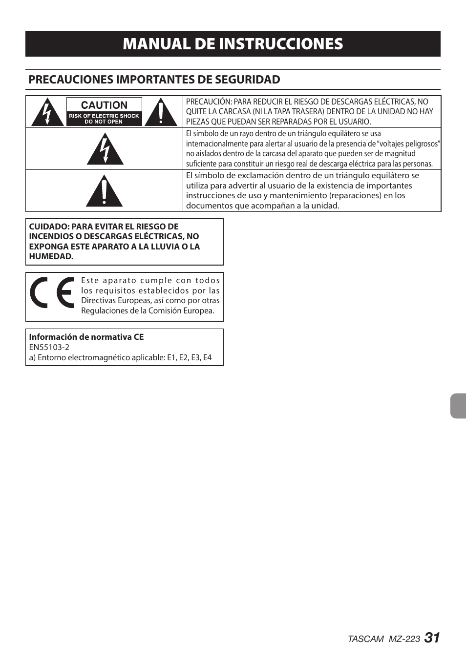 Español, Precauciones importantes de seguridad, Manual de instrucciones | Tascam MZ-223 - Industrial-Grade Zone Mixer User Manual | Page 31 / 92