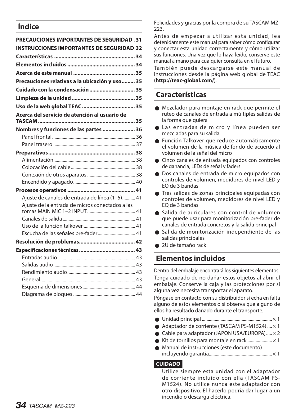 Características, Elementos incluidos, Índice | Tascam MZ-223 - Industrial-Grade Zone Mixer User Manual | Page 34 / 92