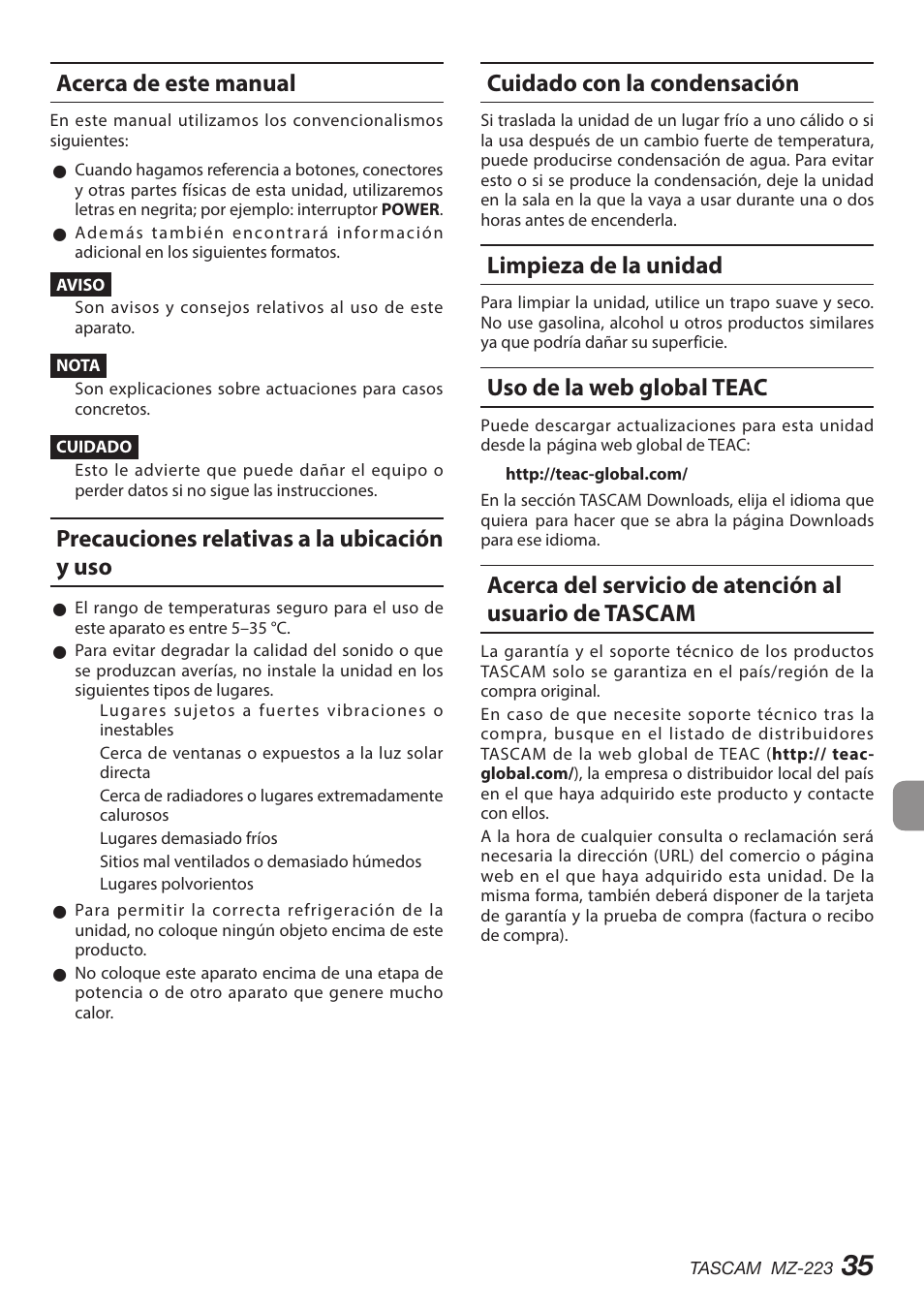 Acerca de este manual, Precauciones relativas a la ubicación y uso, Cuidado con la condensación | Limpieza de la unidad, Uso de la web global teac, Tascam | Tascam MZ-223 - Industrial-Grade Zone Mixer User Manual | Page 35 / 92
