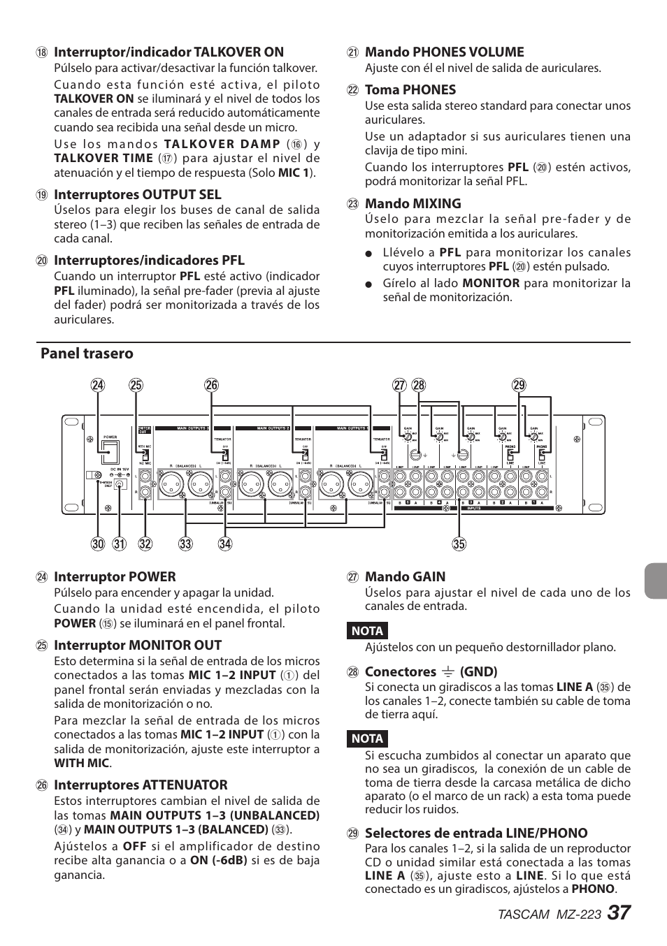 Panel trasero | Tascam MZ-223 - Industrial-Grade Zone Mixer User Manual | Page 37 / 92