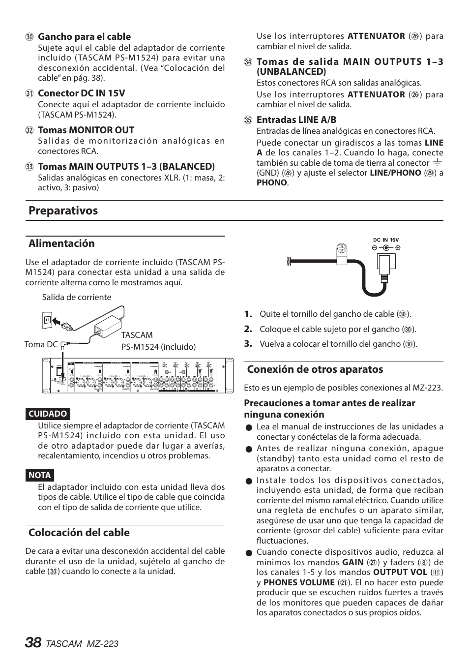 Preparativos, Alimentación, Colocación del cable | Conexión de otros aparatos | Tascam MZ-223 - Industrial-Grade Zone Mixer User Manual | Page 38 / 92