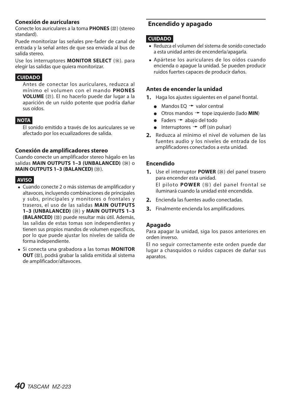 Encendido y apagado | Tascam MZ-223 - Industrial-Grade Zone Mixer User Manual | Page 40 / 92