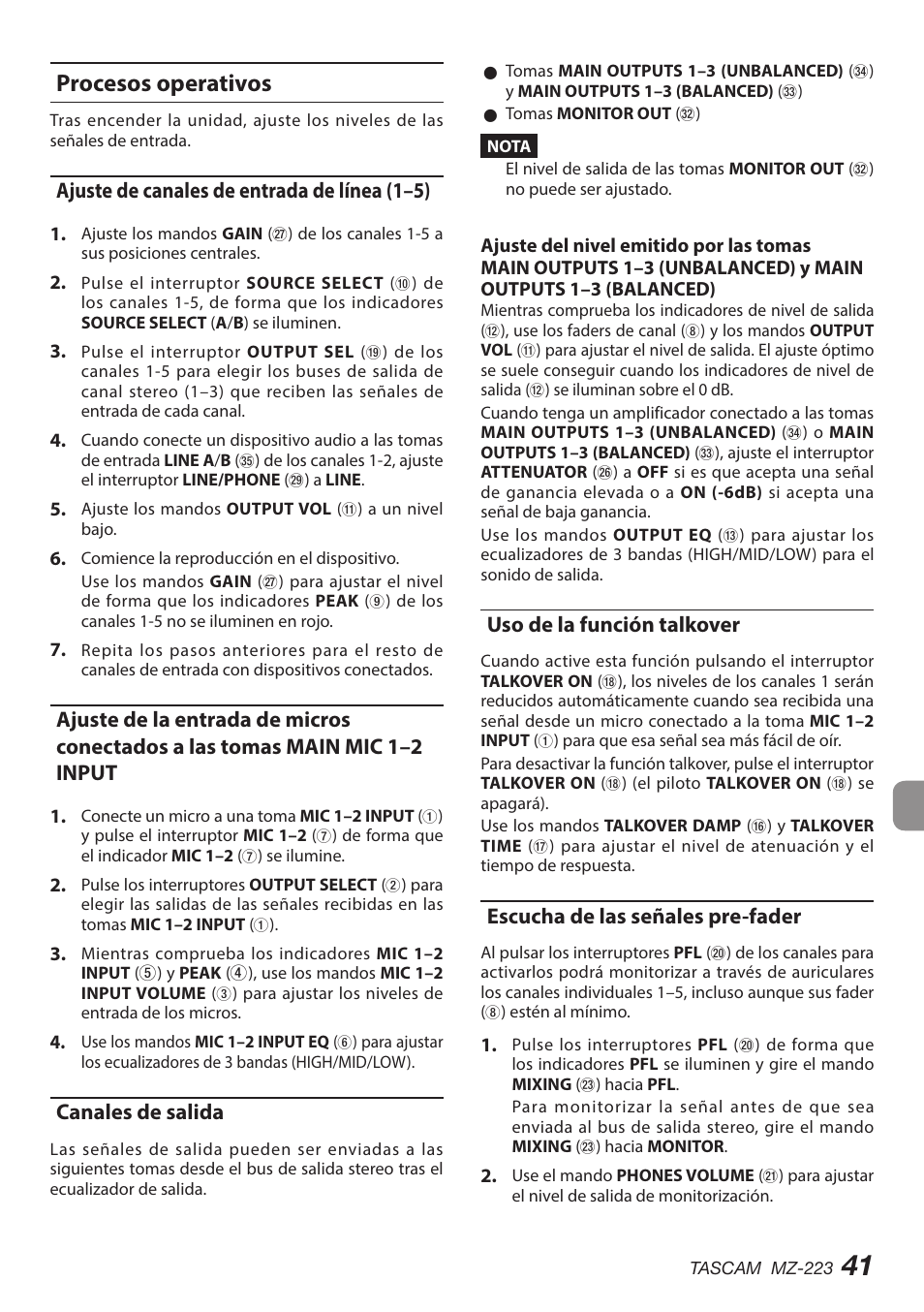 Procesos operativos, Ajuste de canales de entrada de línea (1–5), Canales de salida | Uso de la función talkover, Escucha de las señales pre-fader | Tascam MZ-223 - Industrial-Grade Zone Mixer User Manual | Page 41 / 92