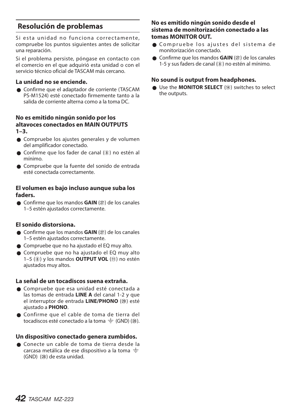 Resolución de problemas | Tascam MZ-223 - Industrial-Grade Zone Mixer User Manual | Page 42 / 92