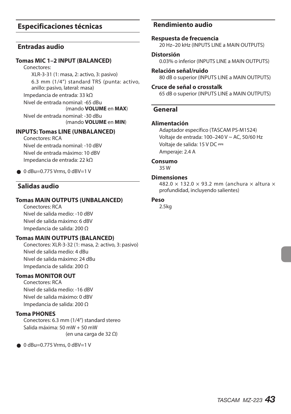 Especificaciones técnicas, Entradas audio, Salidas audio | Rendimiento audio, General | Tascam MZ-223 - Industrial-Grade Zone Mixer User Manual | Page 43 / 92
