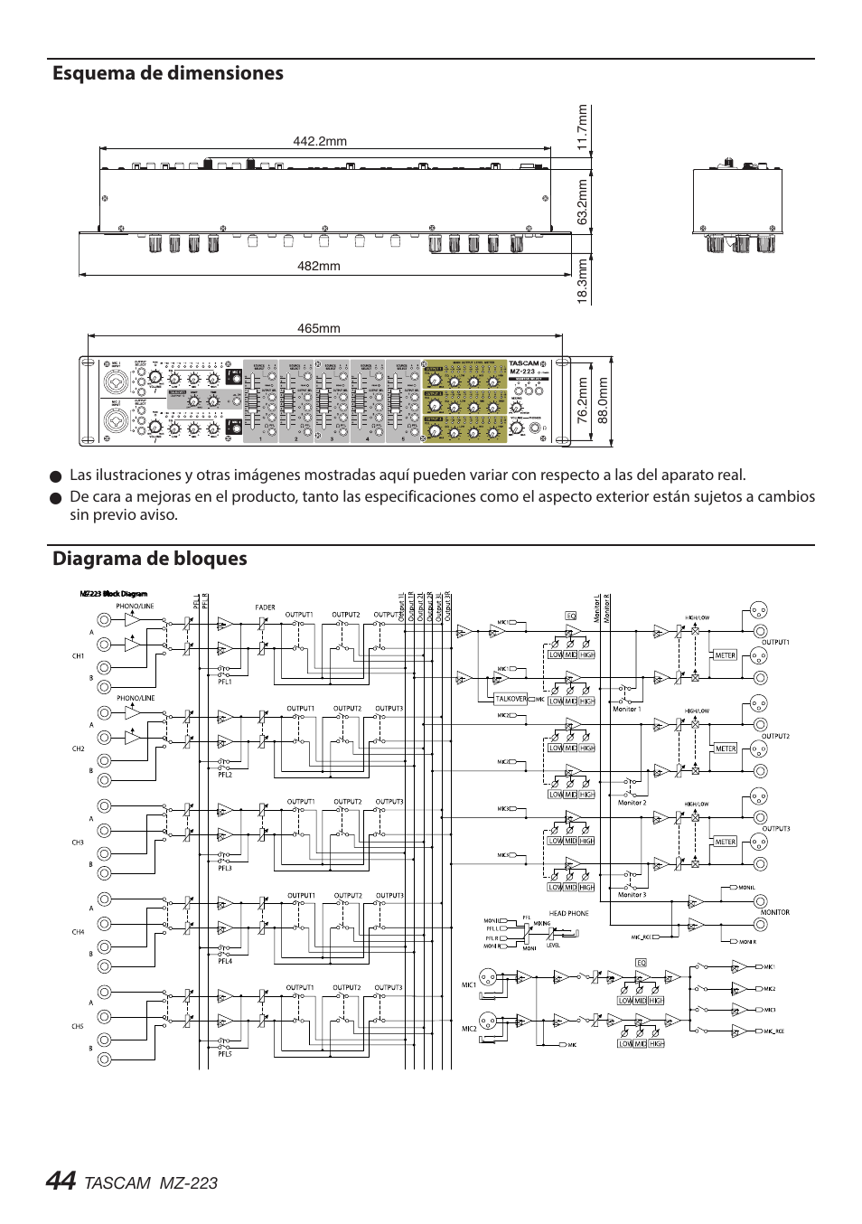 Esquema de dimensiones, Diagrama de bloques, Esquema de dimensiones diagrama de bloques | Tascam MZ-223 - Industrial-Grade Zone Mixer User Manual | Page 44 / 92