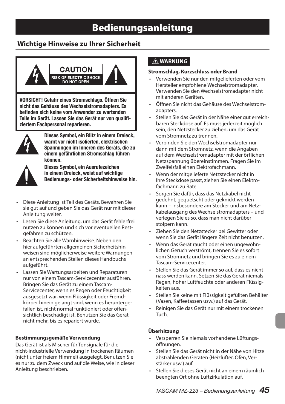 Deutsch, Wichtige hinweise zu ihrer sicherheit, Bedienungsanleitung | Tascam MZ-223 - Industrial-Grade Zone Mixer User Manual | Page 45 / 92