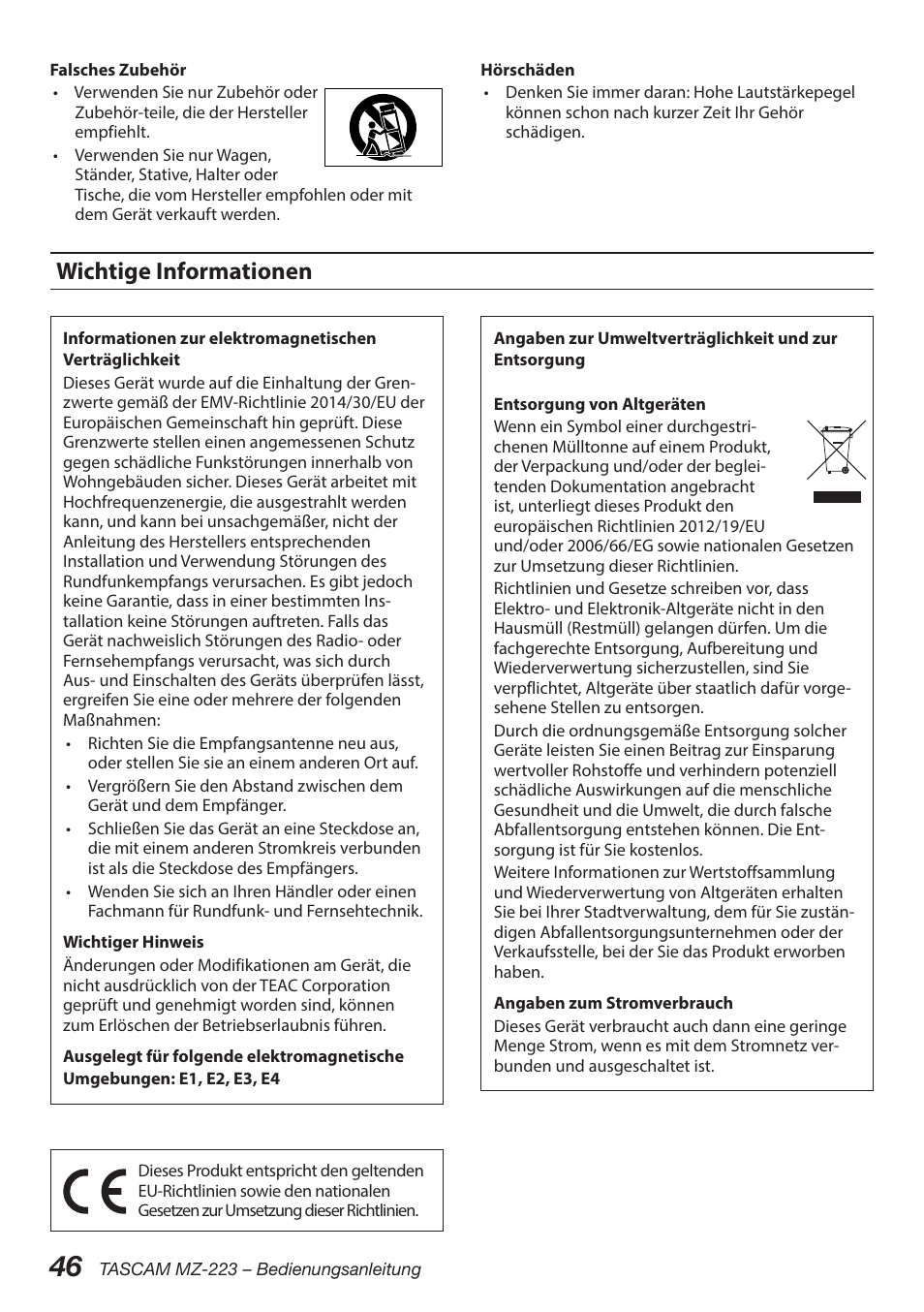 Wichtige informationen | Tascam MZ-223 - Industrial-Grade Zone Mixer User Manual | Page 46 / 92