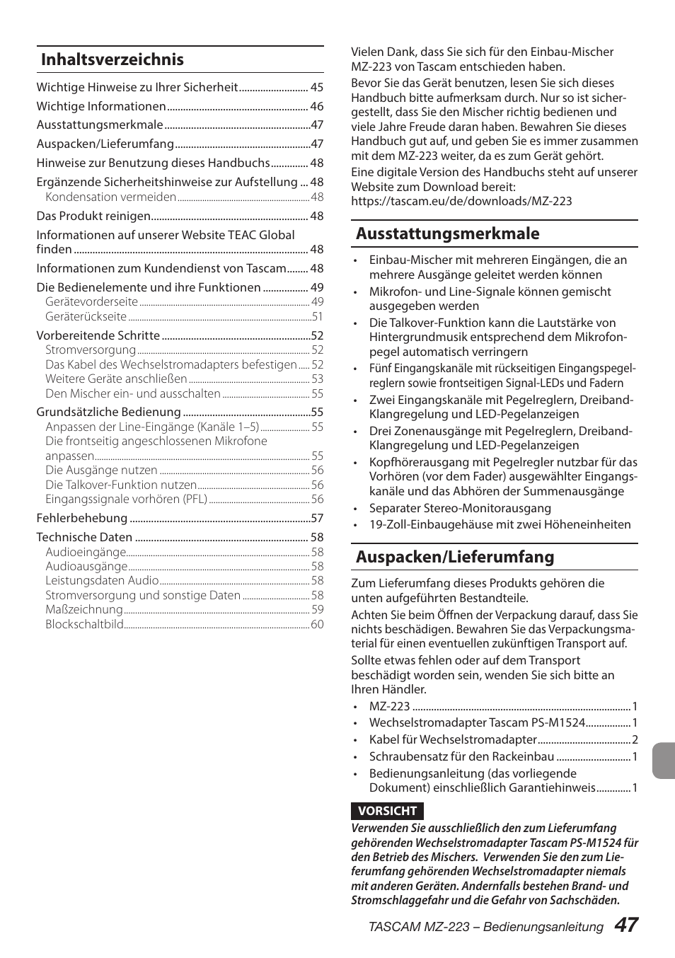 Tascam MZ-223 - Industrial-Grade Zone Mixer User Manual | Page 47 / 92