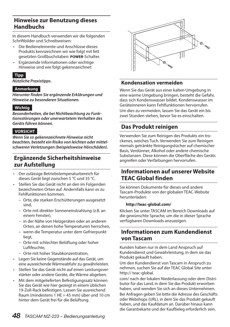 Hinweise zur benutzung dieses handbuchs, Ergänzende sicherheitshinweise zur aufstellung, Kondensation vermeiden | Das produkt reinigen, Informationen zum kundendienst von tascam, Finden informationen zum kundendienst von tascam | Tascam MZ-223 - Industrial-Grade Zone Mixer User Manual | Page 48 / 92