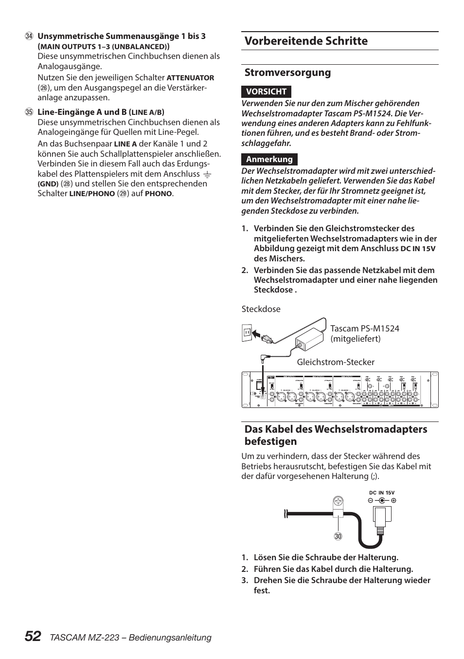 Vorbereitende schritte, Stromversorgung, Das kabel des wechselstromadapters befestigen | Tascam MZ-223 - Industrial-Grade Zone Mixer User Manual | Page 52 / 92
