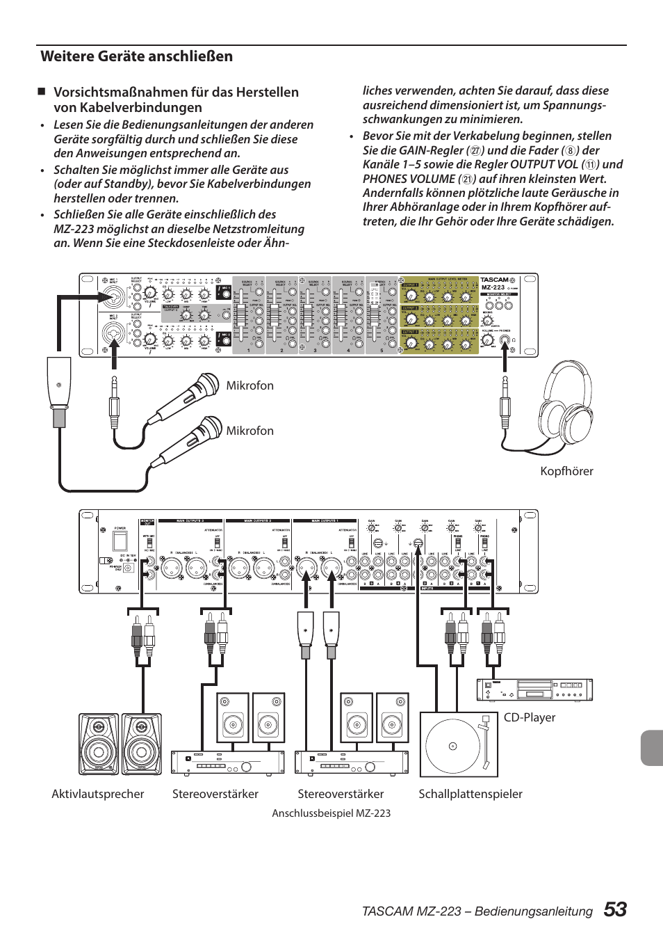 Weitere geräte anschließen | Tascam MZ-223 - Industrial-Grade Zone Mixer User Manual | Page 53 / 92