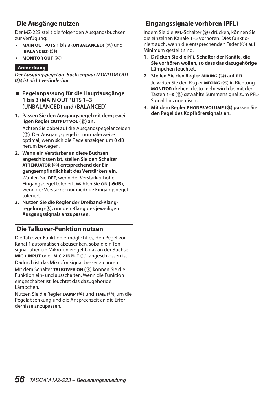 Die ausgänge nutzen, Die talkover-funktion nutzen, Eingangssignale vorhören (pfl) | Tascam MZ-223 - Industrial-Grade Zone Mixer User Manual | Page 56 / 92