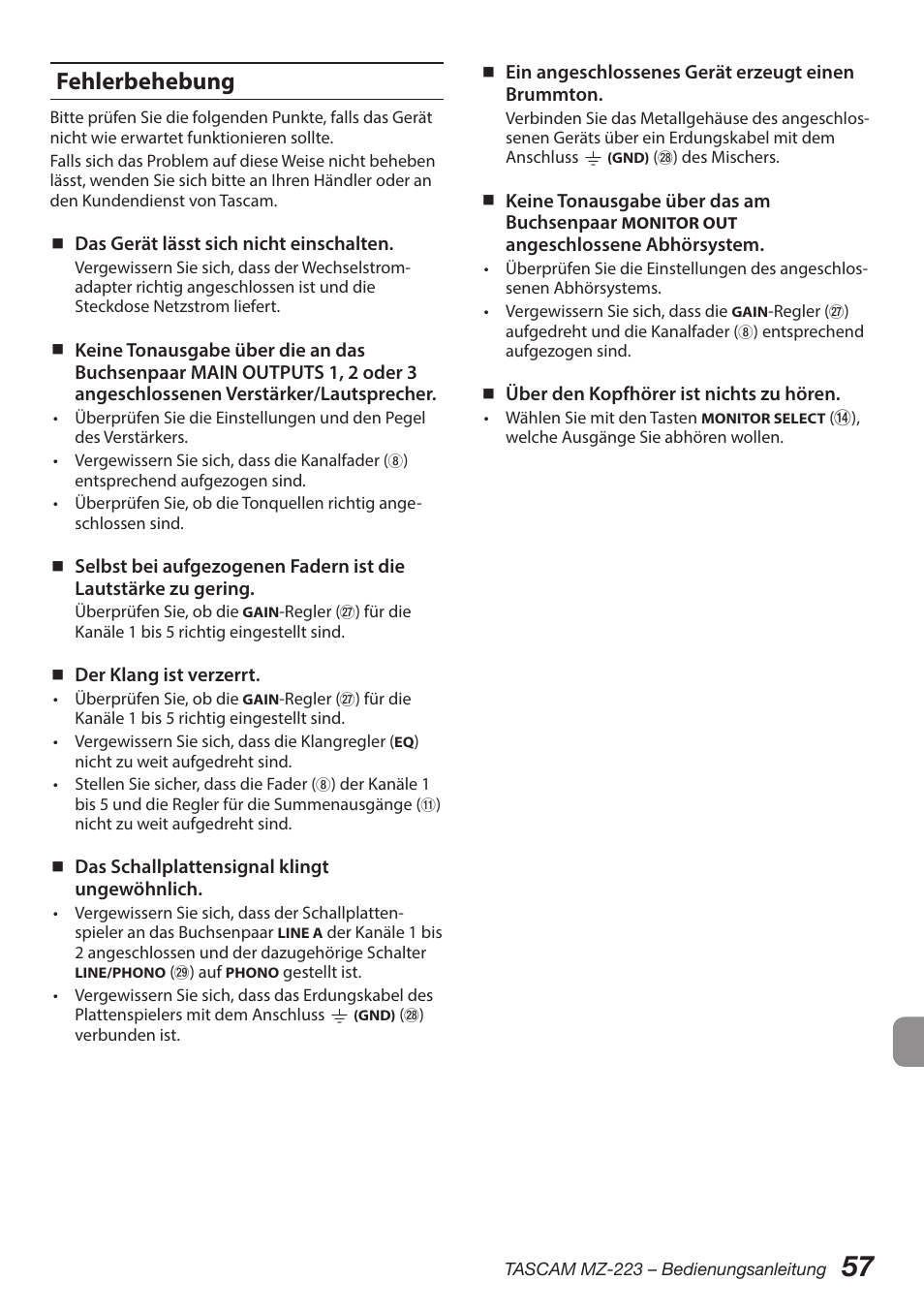 Fehlerbehebung | Tascam MZ-223 - Industrial-Grade Zone Mixer User Manual | Page 57 / 92
