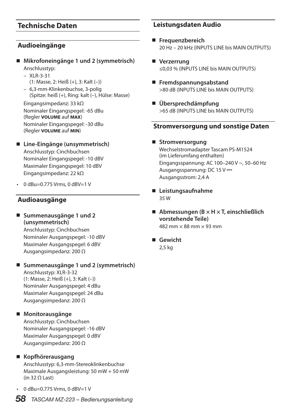 Technische daten, Audioeingänge, Audioausgänge | Leistungsdaten audio, Stromversorgung und sonstige daten | Tascam MZ-223 - Industrial-Grade Zone Mixer User Manual | Page 58 / 92