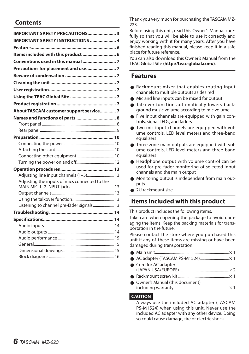 Tascam MZ-223 - Industrial-Grade Zone Mixer User Manual | Page 6 / 92